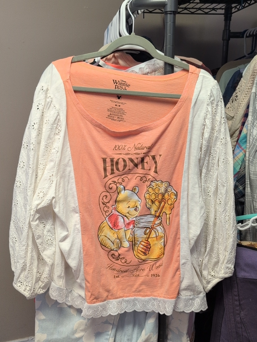 Winnie The Pooh Upcycle Graphic With Cotton Lace Sleeves